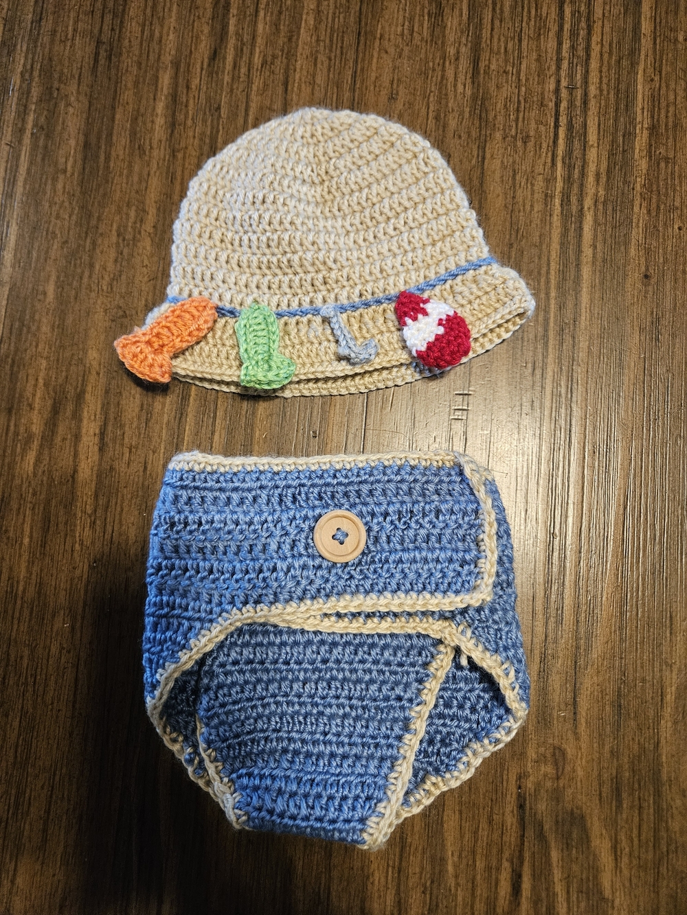 Crochet Beach Hat and Diaper Cover Set in Cream and Blue